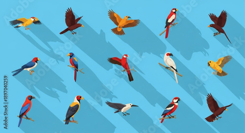 Collection of diverse colorful birds in flight and perched.