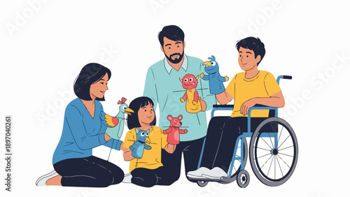 Diverse family enjoying inclusive family play with colorful hand puppets. Parents, children engage in activity, child in wheelchair fully participates, showing inclusive family play.