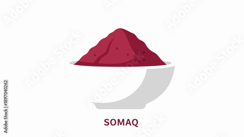 Vibrant red sumac spice in a pristine white ceramic bowl, showcasing finely ground powder ready for culinary use. Authentic sumac spice offers a tangy flavor,