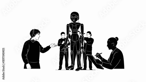 Robot development team engineers humanoid artificial intelligence in workshop. Team members adjust robot components, observing and sketching designs,