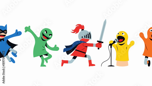 Playful characters line up: superhero, green dancer, red knight with sword, yellow singer. Playful characters embody childhood imagination, diverse roles, and fun.