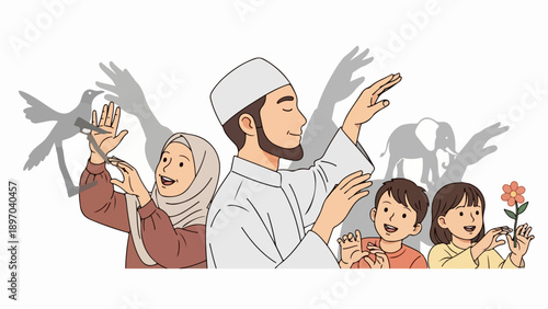 Family enjoying shadow puppet play, forming animal shapes with hands. Father and children cast bird, elephant shadows during engaging shadow puppet play. Concept for educational activity,