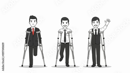Illustration depicts disabled business person, three men in suits with crutches, showing resilience. Disabled business person represents professional determination, overcoming challenges.