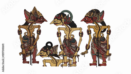 Traditional Wayang Kulit puppets depicting ancient Javanese cultural figures, intricately hand carved and painted. Wayang Kulit puppets portray epic stories,