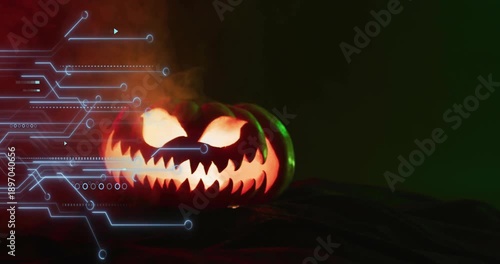Orange glow pulsing jackolantern starting circuit overlay and smoke rising visualizing data