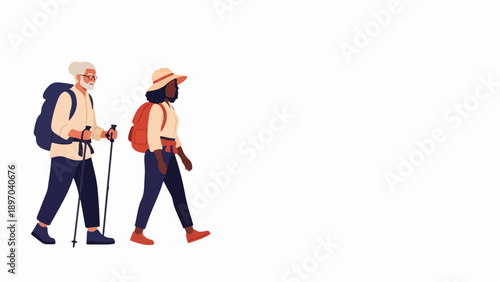 Diverse hiking people, an older man with grey hair and a younger woman, walk with backpacks and trekking poles. Active hiking people enjoy exploring nature trails, embracing healthy outdoor lifestyle.