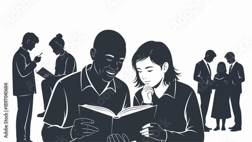 Diverse people reading books, fostering knowledge and shared understanding. Central figures smiling while engrossed in people reading books, others independently studying.