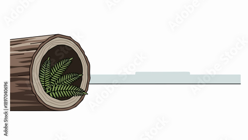 Illustration of tree log fern, showing green leaves thriving inside a hollow cross section of cut timber. Detailed tree log fern graphic highlights natural resilience.