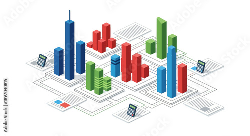 Isometric Business Data Visualization Network: 3D Bar Charts, Financial Reports, and Calculators for Analysis, Statistics, and Growth Strategy.