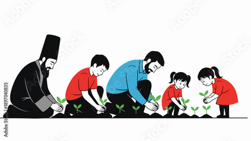 Diverse individuals planting new life, showing an older man and children kneeling together. Generations are planting new life, fostering community spirit and growth.