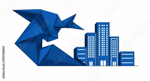 Digital Disruption Concept: Abstract Blue Polygon Structure Looming Over Minimalist Corporate Skyscrapers