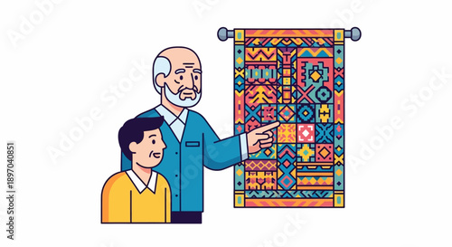 Intergenerational Learning: Man Explaining Traditional Geometric Rug or Tapestry Design to Young Boy. Cultural Heritage Education Vector.