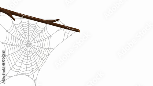Delicate spider web on bare branch, pristine white background. Intricate spider web pattern demonstrates natural engineering, capturing fine silk threads.
