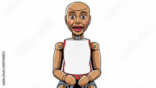 Wooden dummy character illustration. Articulated figure with visible joints, wearing white t-shirt, blue pants. This wooden dummy depicts an anthropomorphic figure with expressive face.