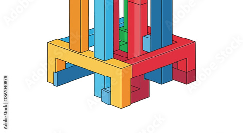 Isometric Abstract Interlocking Structure. Complex Colorful System of 3D Geometric Blocks and Beams.