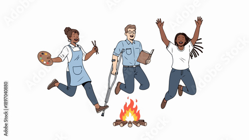 Inclusive group celebration around glowing campfire. Woman artist, man with crutch, and happy woman jump, showing shared enthusiasm. Inclusive group celebration promotes unity.