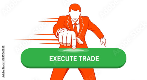 Businessman Clicking 'Execute Trade' Button. Fast Financial Transaction, Investment, and Stock Market Brokerage Action Vector Illustration.