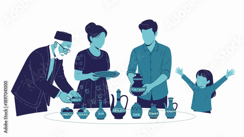 Cultural family gathering, showing multi generational family arranging traditional pottery. Heartwarming cultural family gathering includes grandfather, parents, and child,