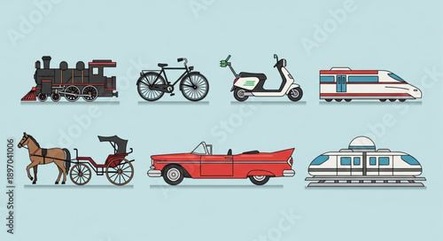 Collection of diverse transportation vehicles from different eras.