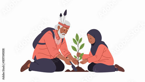 Older man and young girl engaged in tree planting activity, nurturing new sapling. Intergenerational duo performs tree planting, placing small plant into rich soil for growth.