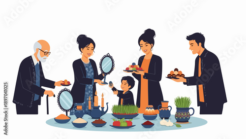 Nowruz celebration, multi generational family around traditional Haft Seen table with sabzeh, mirrors, candles, fruit. Cultural Nowruz celebration embodies spring renewal, family bonding.
