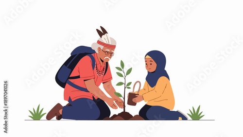 Intergenerational tree planting with elderly man and young girl tending a sapling. Collaborative tree planting involves two individuals demonstrating environmental responsibility,