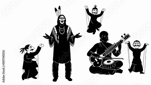 Global cultural figures displayed as striking monochrome silhouettes, featuring Native American chief, Indian musician, traditional hand puppets.