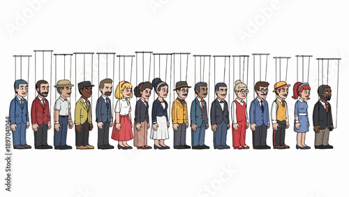 Pixel art puppet people standing in a line with strings attached. This diverse group of puppet people symbolizes societal control, manipulation, and conformity within modern society.