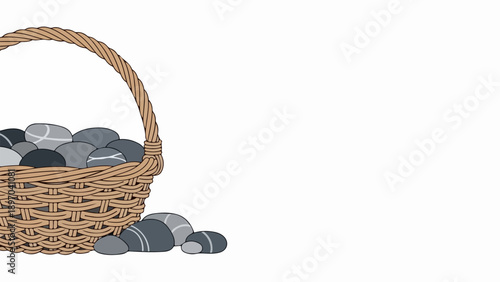 Woven basket of pebbles, smooth grey stones collected inside rustic item. Brown wicker basket of pebbles displays various sizes, striped patterns, stones scattered nearby.