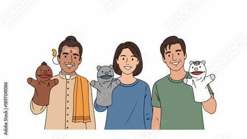 Smiling diverse people with puppets present colorful hand puppets. Group of people with puppets showcase imaginative play and storytelling, ideal for education and community outreach.