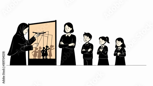 Woman demonstrates puppet master control over small figures on stage. Teacher directs shadow puppets with strings, children and adult observe social influence lesson.