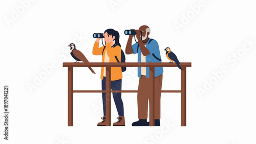 Two people engaged in bird watching, observing nature with binoculars from an elevated platform. Woman and man stand on observation deck enjoying bird watching, with raptor birds perched on railing.