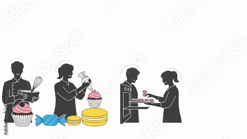 Illustrated bakery process showing confectioners preparing sweet treats. Stages include mixing ingredients, decorating cupcakes, and serving delicious pastries.