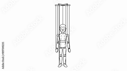Line drawing marionette puppet, classic wooden doll on white background. Articulated marionette puppet with control strings, portraying manipulation concept.