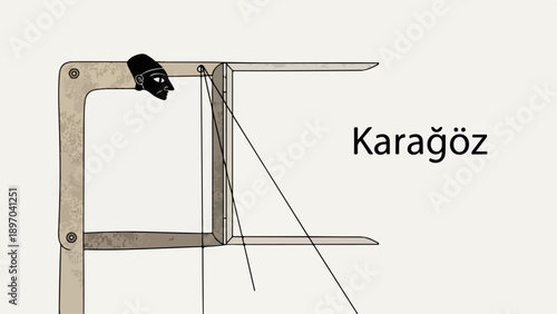 Simple Karagöz shadow play illustration with minimalist stage frame and puppet control strings. Karagöz concept depicts traditional Turkish theatrical art form for cultural promotion.