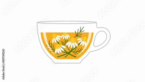 Clear glass cup filled with chamomile tea. Beverage contains fresh chamomile flowers, green leaves, creating soothing chamomile tea. Refreshing chamomile tea illustration for health, wellness blogs,