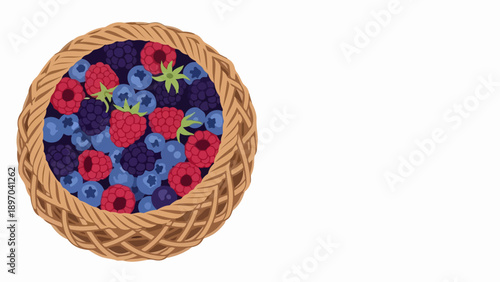 Round berry basket filled with fresh blueberries and ripe raspberries, showcasing an abundance of natural produce. This colorful berry basket highlights healthy eating and summer harvest.