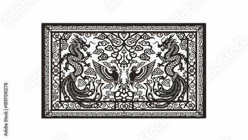 Intricate Chinese paper cut art displaying mythical dragons and phoenixes. Traditional Chinese paper cut design features ornate patterns with symmetrical motifs.