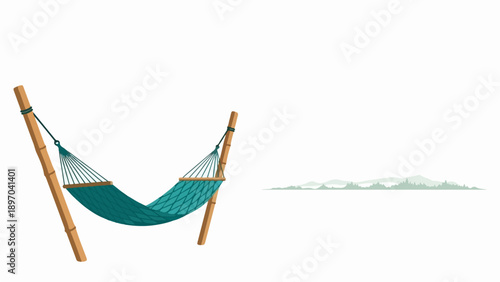 Turquoise fabric hammock suspended between wooden poles. Comfortable hammock provides relaxation, leisure, and tranquil outdoor experience. Ideal hammock for travel brochures, vacation advertisements,