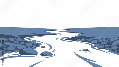 Stylized flowing river illustration with smooth blue water winding through rocky banks under bright sky. Flowing river path shows natural water movement, symbolizing journey, progress.
