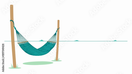 Blue green hammock suspended between sturdy wooden poles, suggesting relaxation and tranquil escape. Hammock offers perfect spot for quiet moments and summer vacation dreams.