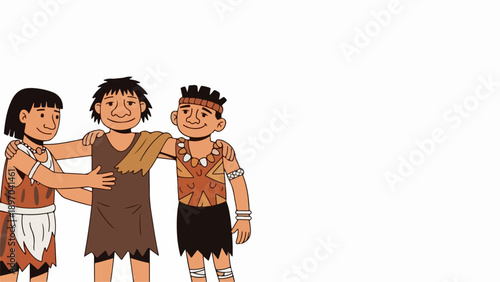 Three friendly ancient people cartoon illustration, depicting strong community bond. Diverse group of ancient people wearing traditional clothing, reflecting early human culture.