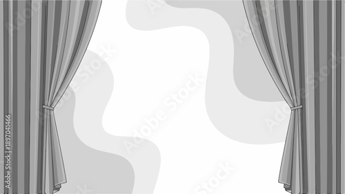Gray open curtains framing blank space, subtle wavy background. Neutral colored open curtains create inviting spotlight effect, ideal for presentations or advertisements.