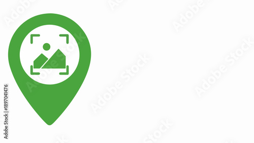 Vibrant green image location pin icon with camera focus frame, symbolizing precise geographical tagging.