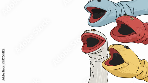 Colorful sock puppets with wide open mouths on white background, ready for creative content. Four playful sock puppets in blue, red, white, and yellow, expressing joy and communication.