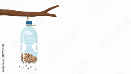 DIY bird feeder crafted from recycled plastic bottle hangs on tree branch, filled with bird seeds. Homemade DIY bird feeder provides sustenance for wild birds, promoting upcycling, environmental care.