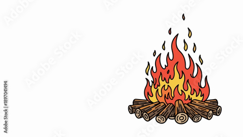 Campfire burning brightly with stacked logs on white background. Illustration shows traditional campfire with warm flames in red and yellow colors.
