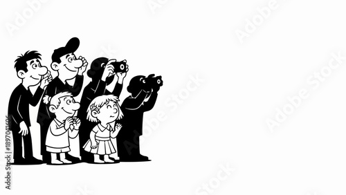 Illustrated group observing event, showing adults, children, some with binoculars, looking into distance. Curious group observing event conveys shared attention and excitement.