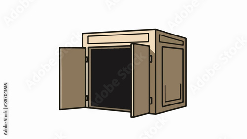 Illustrated open cabinet with empty dark interior space for storage. Kitchen or bathroom wall mounted open cabinet design for home decor concepts.