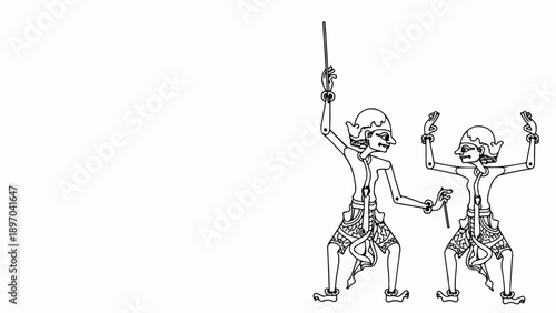 Traditional asian drawing shows two stylized cultural figures, dynamic poses. Intricate traditional attire, symbolic gestures define strong traditional asian drawing. Use for graphic designs,